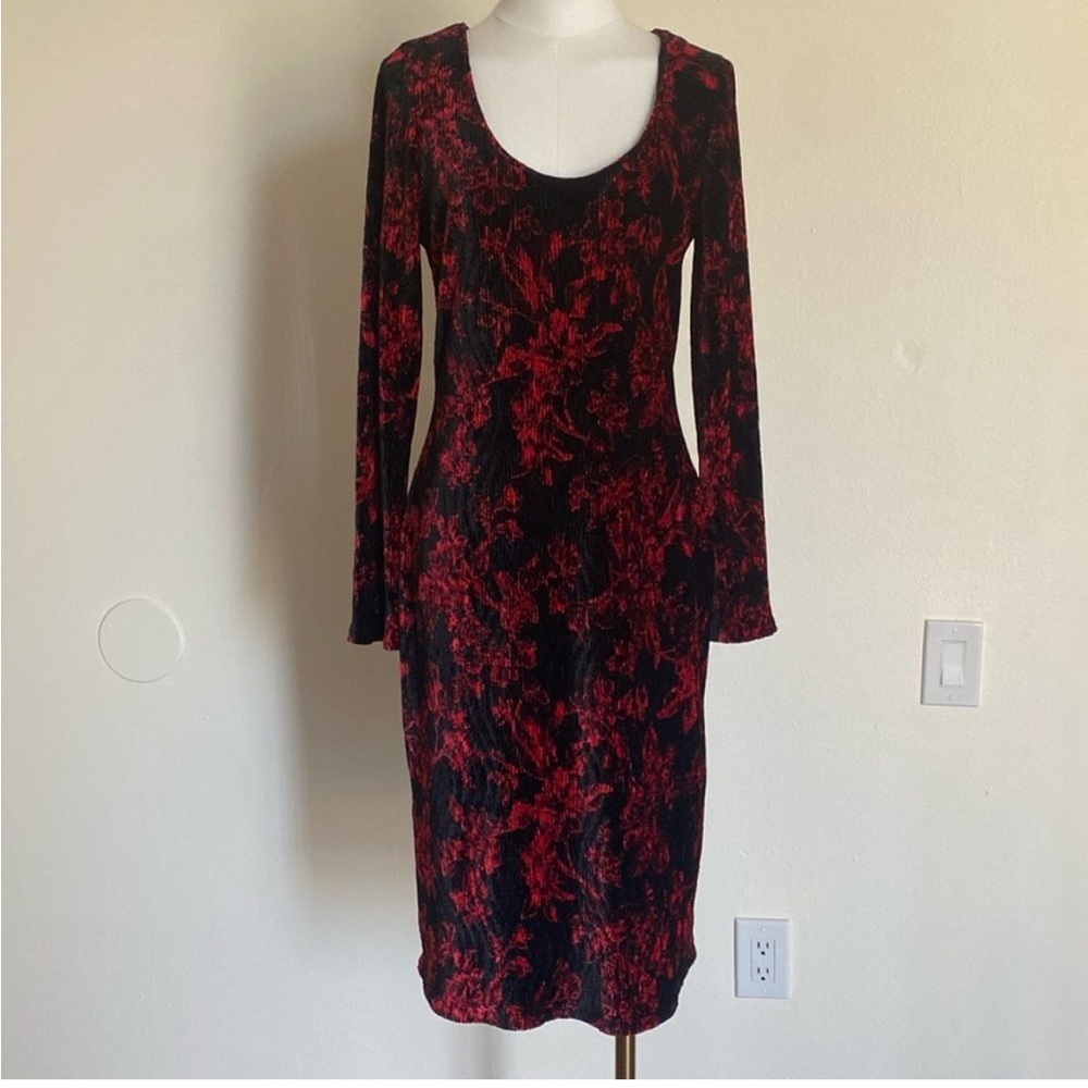 HD in Paris by Anthro Red Black Dierde Velvet Floral Midi Bodycon Dress Sz Small